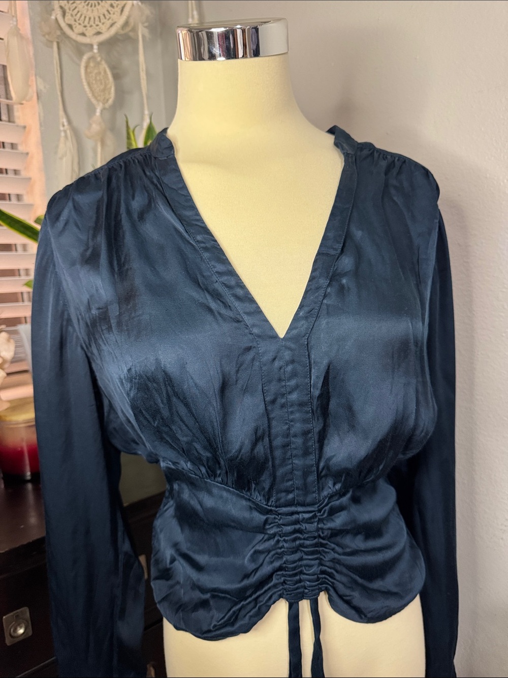 Anthropologie Deep Navy Satin V-Neck Long Sleeve Drawstring Top Dress